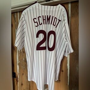 Schmidt Nike Cooperstown Collection White and Maroon Striped Jersey
